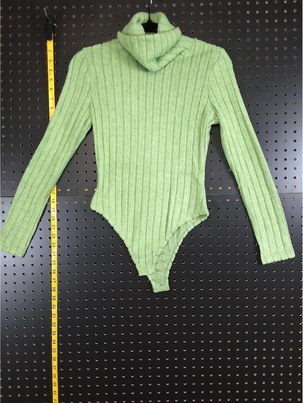 Chic Green Ribbed Turtleneck Bodysuit - Small